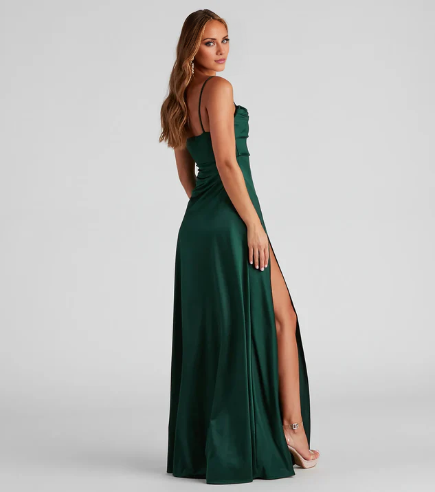 Vestido de fiesta Jimiss de satén con cuello de bufanda, corsé ajustado y largo hasta el suelo
