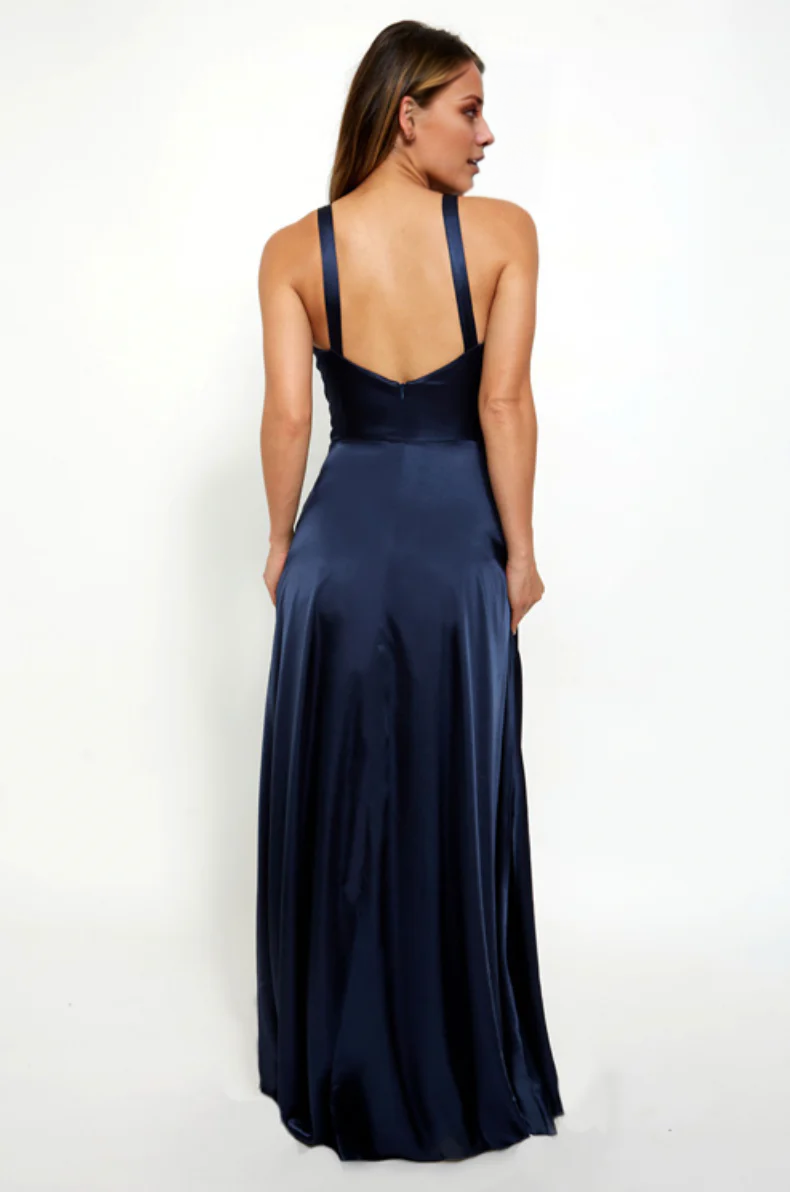 Vestido de fiesta Jimiss con escote en V profundo, hombros descubiertos, sin mangas, espalda descubierta, abertura y largo hasta el suelo