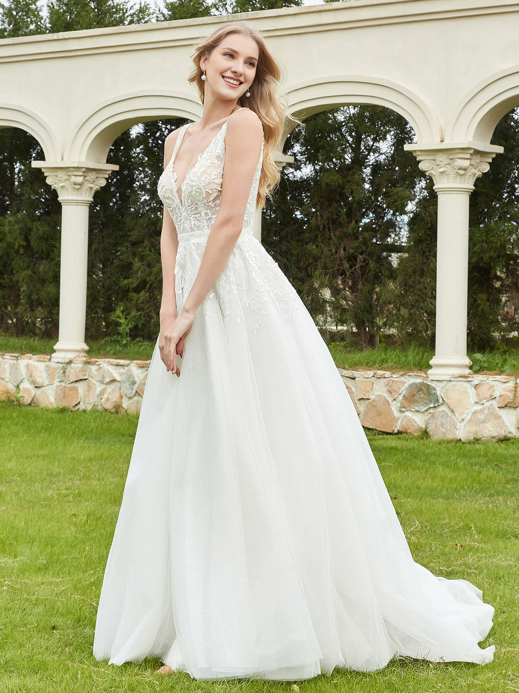 Ivory Lace A-Line V-Neck Floor-Length Bridesmaid Dress
