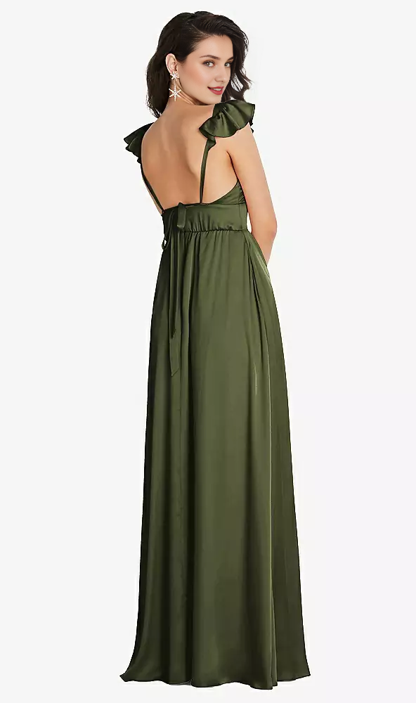 Vestido de fiesta largo con escote en V profundo, tirantes de doble uso, borde con volantes y mangas cubiertas