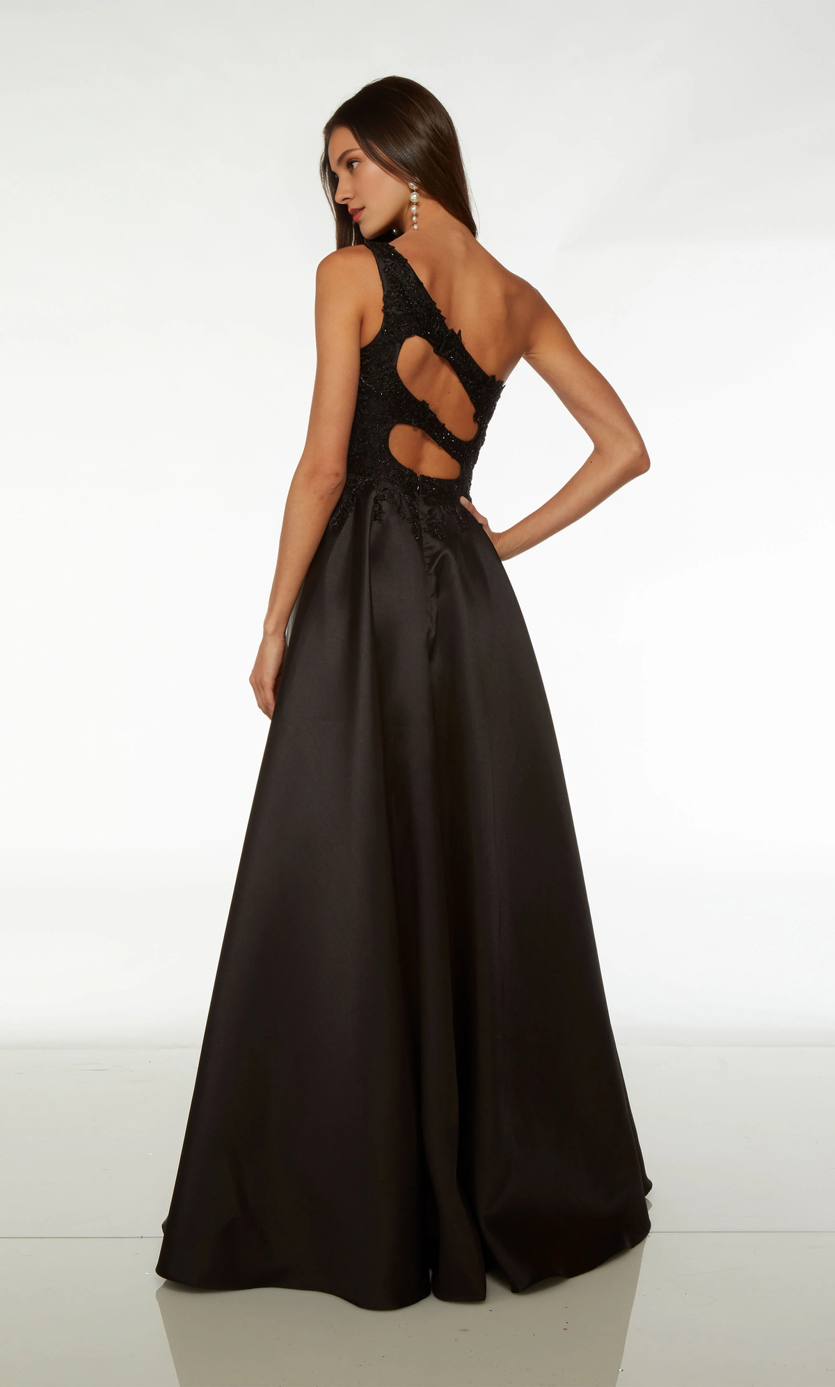 Vestido de noche largo formal de encaje con cuello de un solo hombro, corte A, espalda hueca y abertura alta