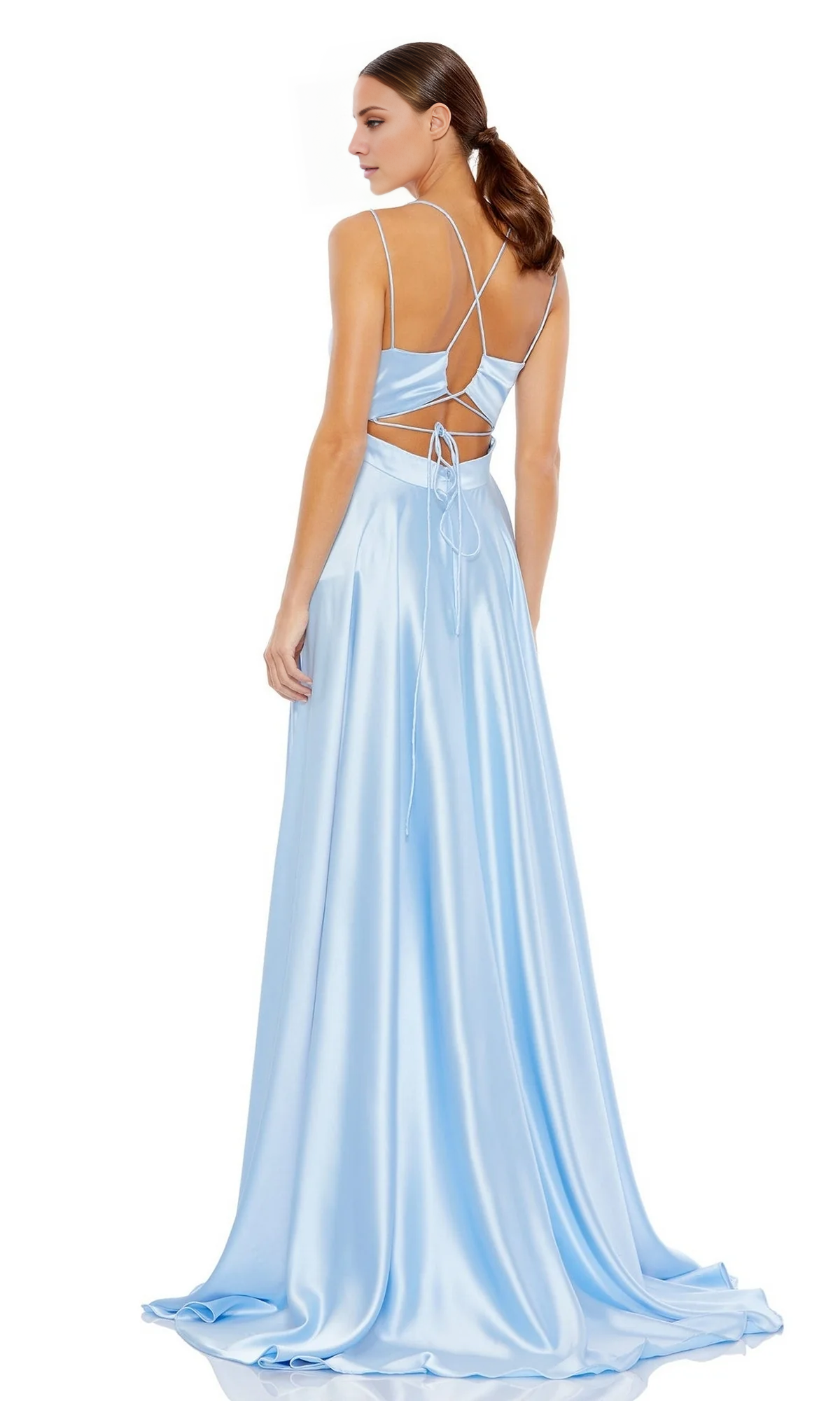 Sky Blue Satin A-Line Floor-Length Dress with V-Neck and High Slit