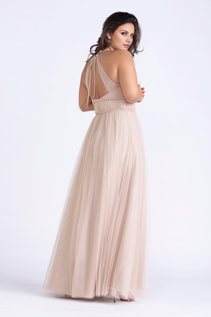 Vestido de noche Jimiss con cuello redondo, sin mangas, espalda descubierta, detalles plisados transparentes y largo hasta el suelo