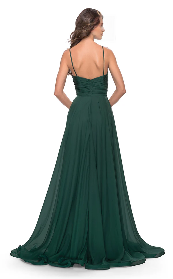 Forest Green Chiffon A-Line V-Neck Floor-Length Bridesmaid Dress with Ruched Bodice and High Slit