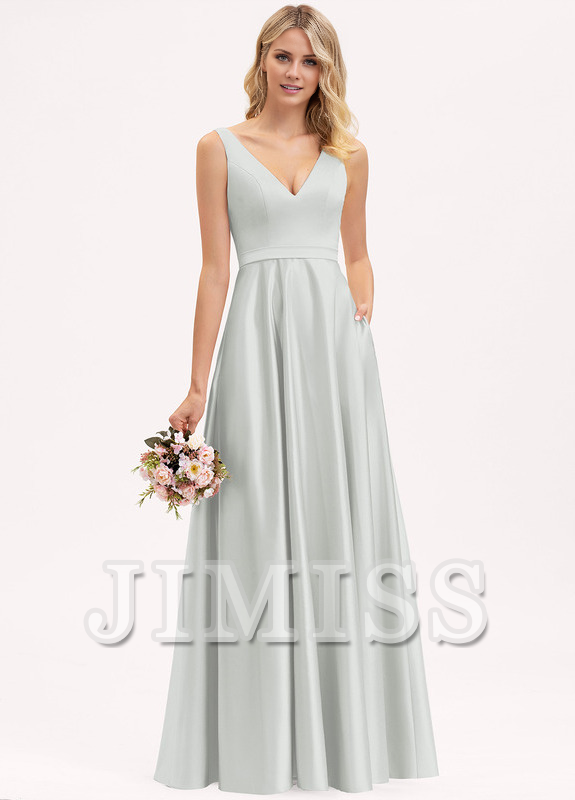 Abito da damigella d'onore in raso lungo fino al pavimento, con scollo a V e linea ad A