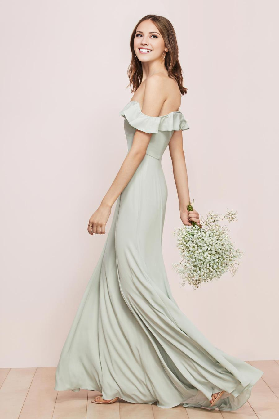 Sage Green A-Line Floor-Length Chiffon Bridesmaid Dress with Off-the-Shoulder Ruffle Neckline