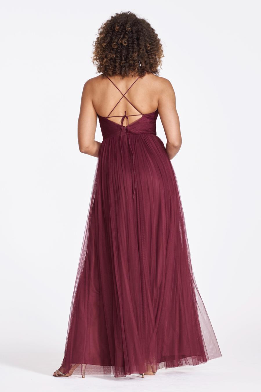 Burgundy Tulle A-Line Floor-Length Bridesmaid Dress with V-Neck & Pleated Bodice