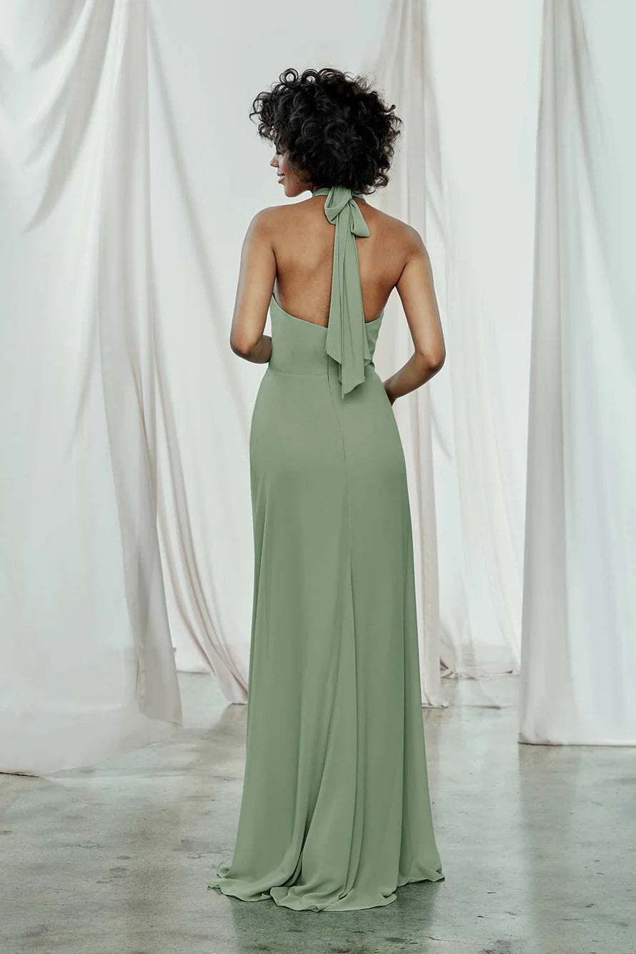 Sage Green Chiffon A-Line Floor-Length Bridesmaid Dress with Halter Neckline