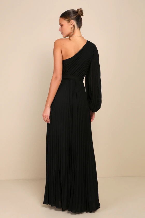 Jimiss asymmetrical neckline off shoulder long sleeved pleated detail backless and floor length evening dress