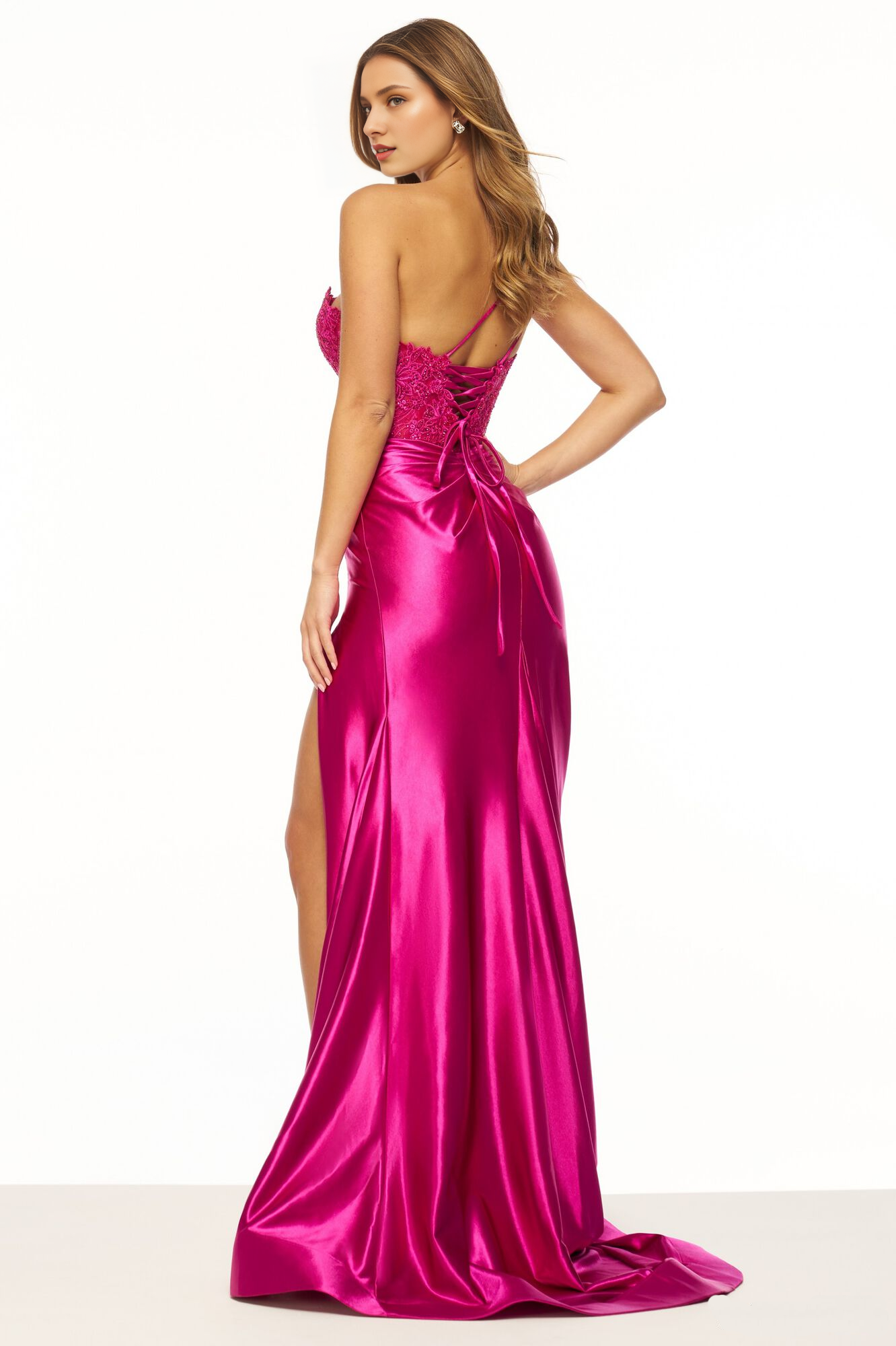 One shoulder lace tight corset with floral transparent deep V-neck satin slit and floor length Prom dress