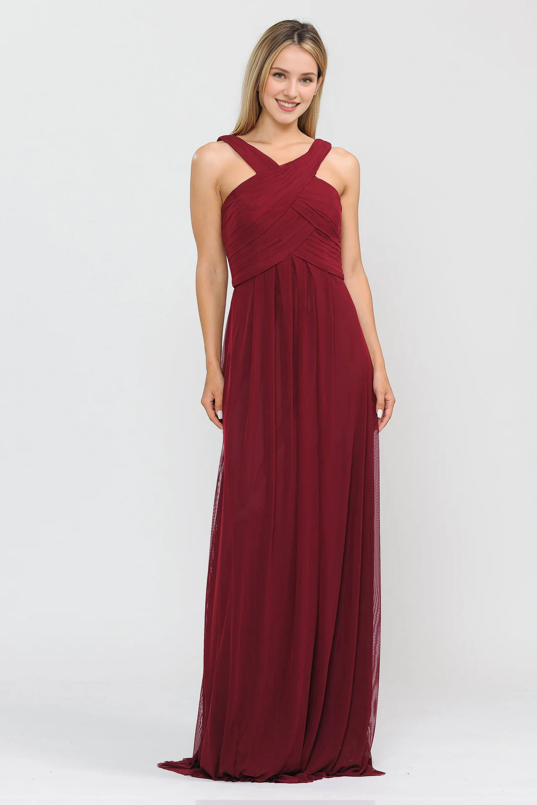 Yellow Chiffon A-Line Floor-Length Bridesmaid Dress with Halter neckline & Criss-Cross Straps