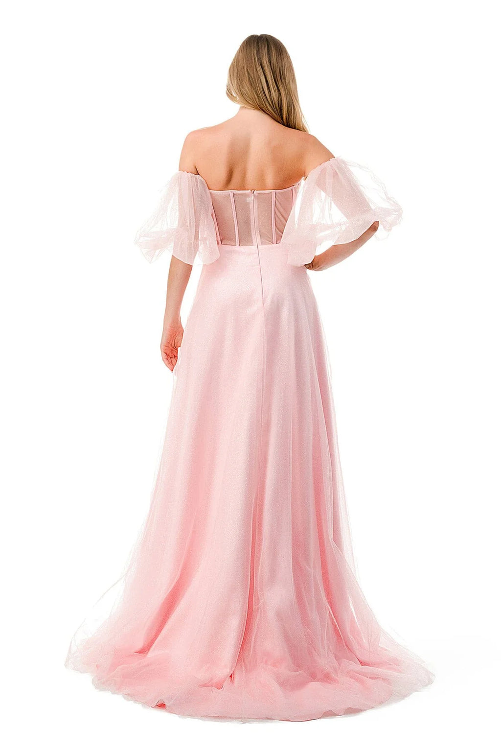 Vestido tipo corsé ajustado transparente con mangas abullonadas y corte en A