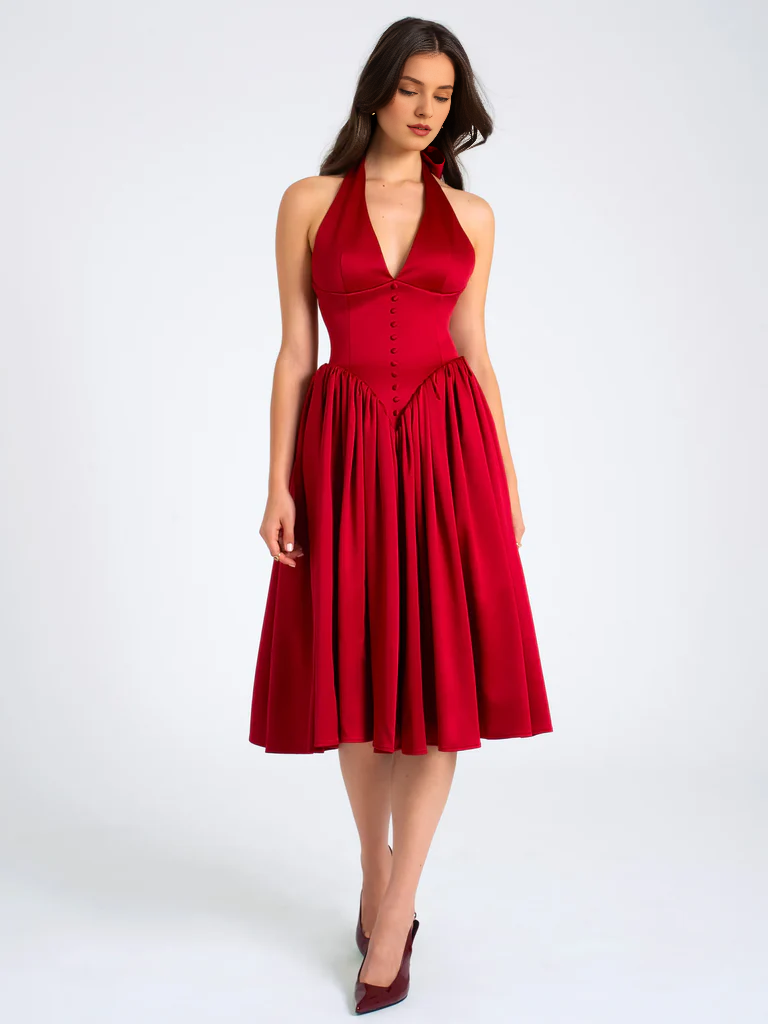 Red Satin A-Line Tea-Length Evening Dress