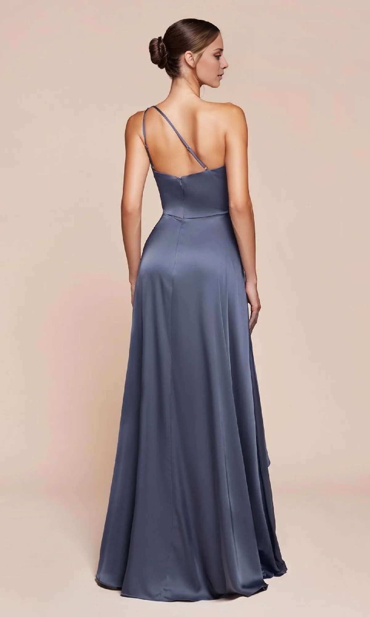 Slate Blue Satin One Shoulder A-Line High-Low Dress