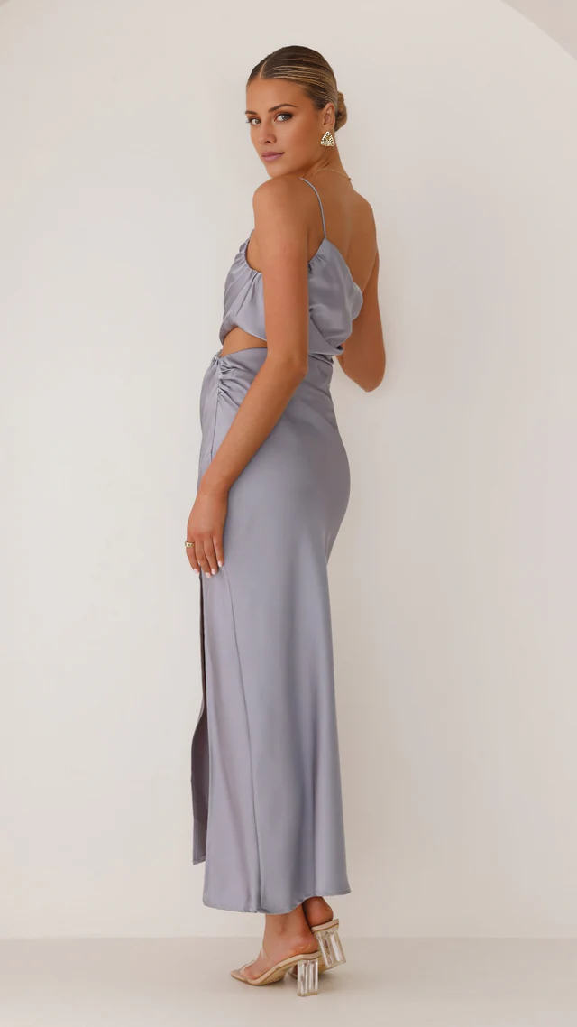 Vestido de fiesta Jimiss de un solo hombro con tirantes finos, detalles plisados, abertura lateral y largo hasta el suelo