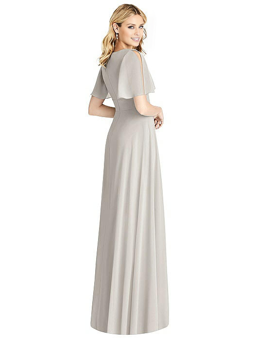Jimiss V-neck short sleeved slit and floor length evening dress