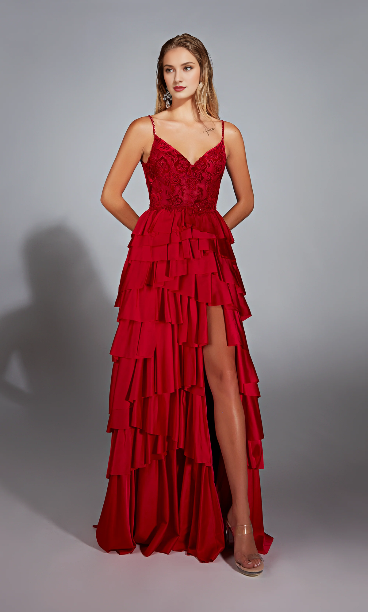 Vestido de noche de gasa satinada con escote en V, corte A, corsé ajustado con abertura, vestido formal largo