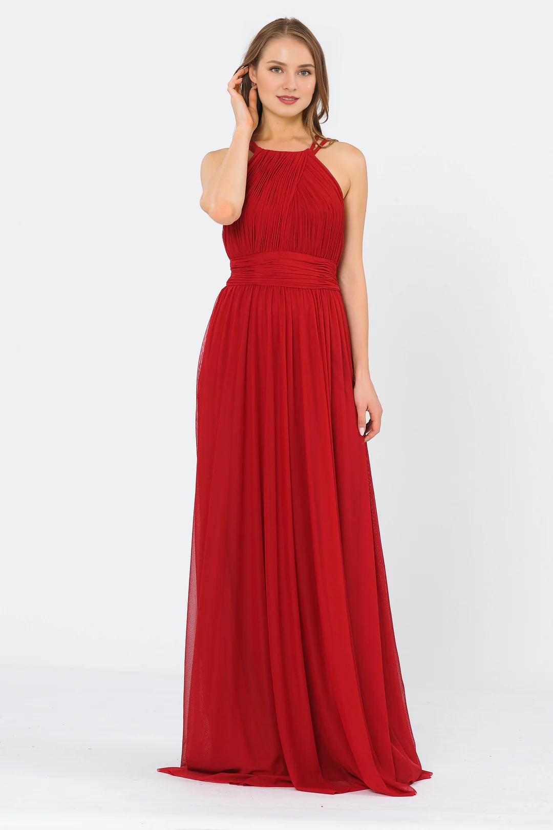 Dark Navy Chiffon A-Line Floor-Length Halter Bridesmaid Dress with Pleated Bodice