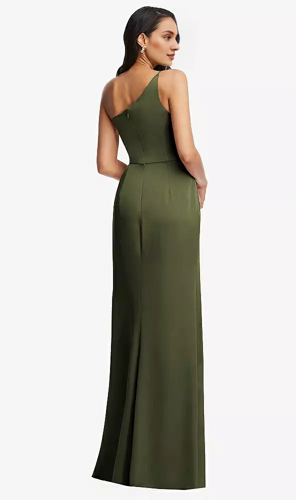 Olive Green Satin One Shoulder Sheath Floor-Length Gown