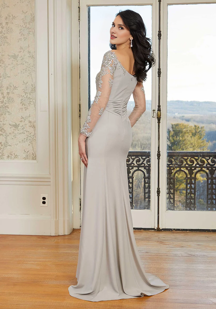 Grey Crepe Sheath/column Floor-Length Evening Dress with Off-the-Shoulder Neckline and Embellished Illusion Sleeves + Draped Bodice