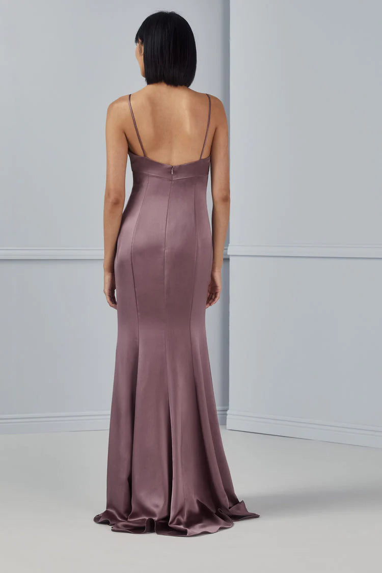 Vestido de fiesta Jimiss con escote en V, hombros descubiertos, sin mangas, tirantes finos, espalda descubierta, abertura lateral y largo hasta el suelo