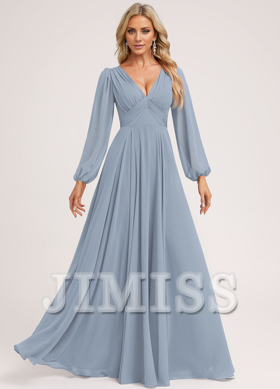 Dark Navy Chiffon A-Line Floor-Length Bridesmaid Dress with V-Neck and Ruched Bodice, Bishop Sleeves