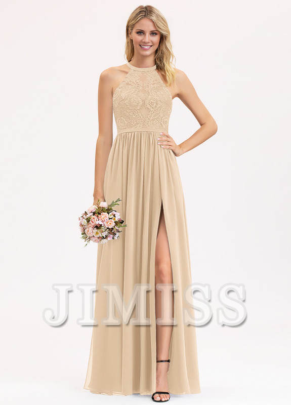 Abito da damigella d'onore in chiffon e pizzo, a trapezio, con scollo a barchetta e lunghezza al pavimento