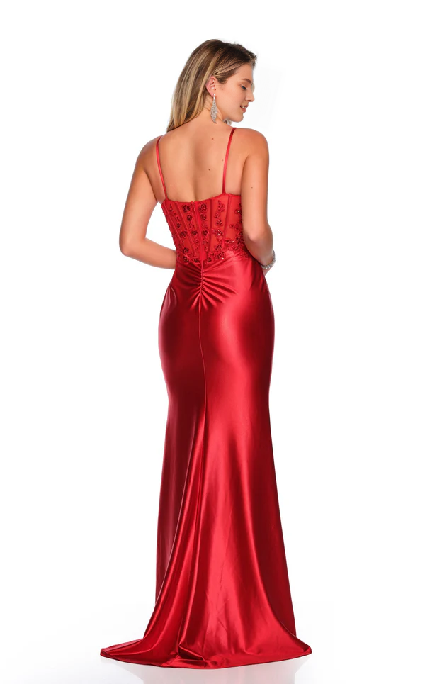 Thin shoulder strap lace applique tight corset and floor length Prom dress