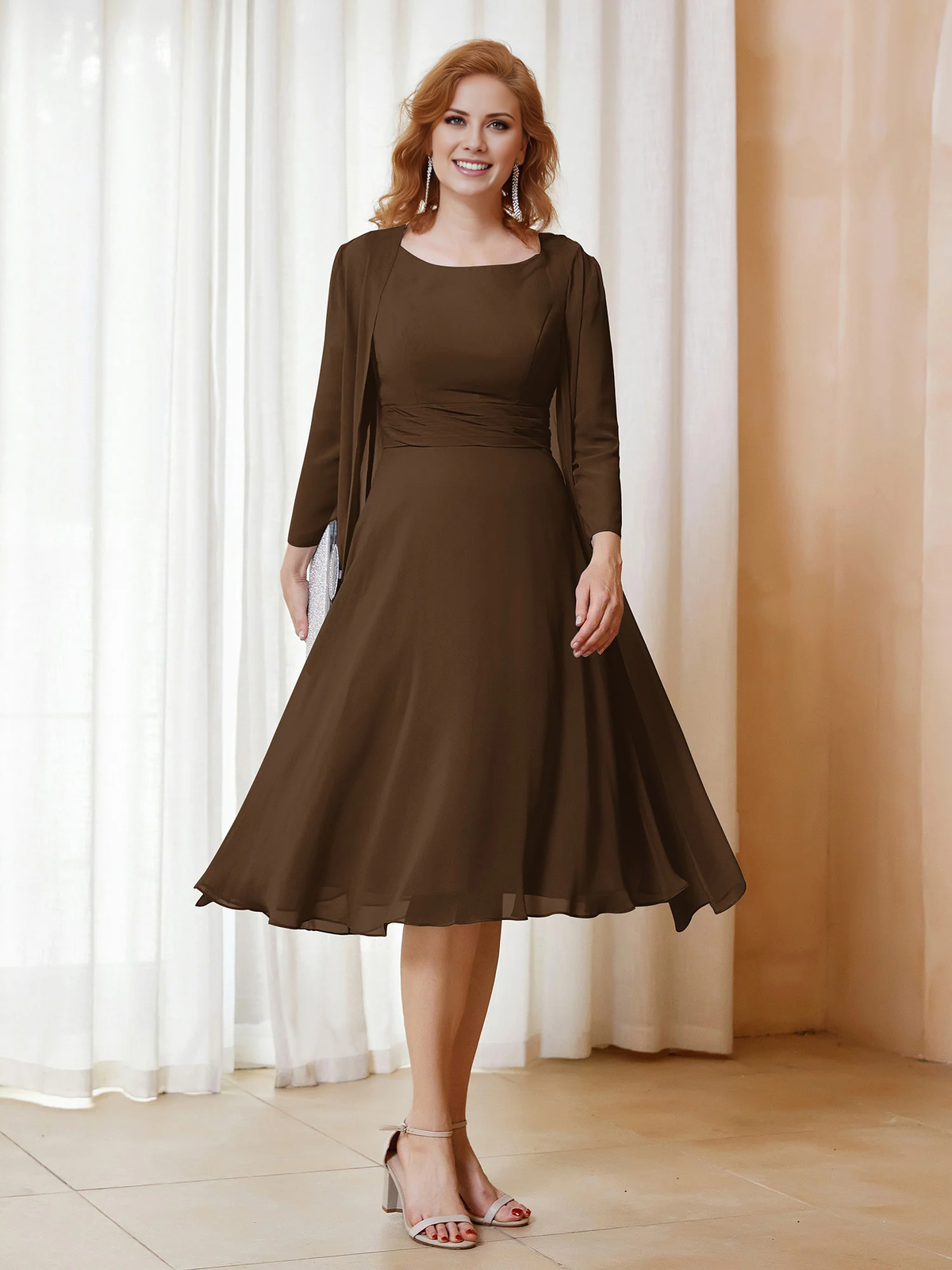 Dusty Blue Chiffon A-Line Tea-Length Evening Gown with Sheer Jacket