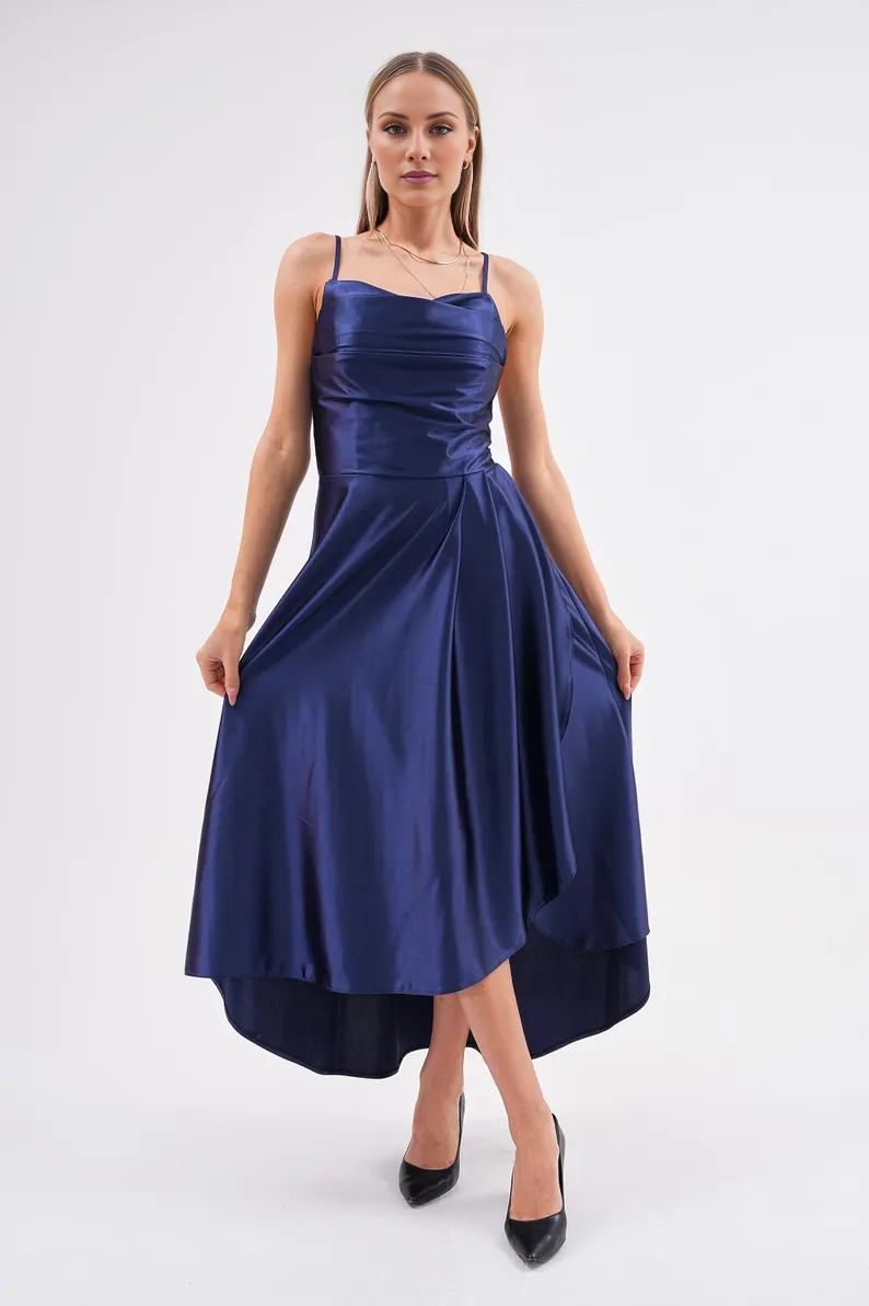 Navy Blue Satin A-Line Ankle-Length Cowl Neck Backless Dress