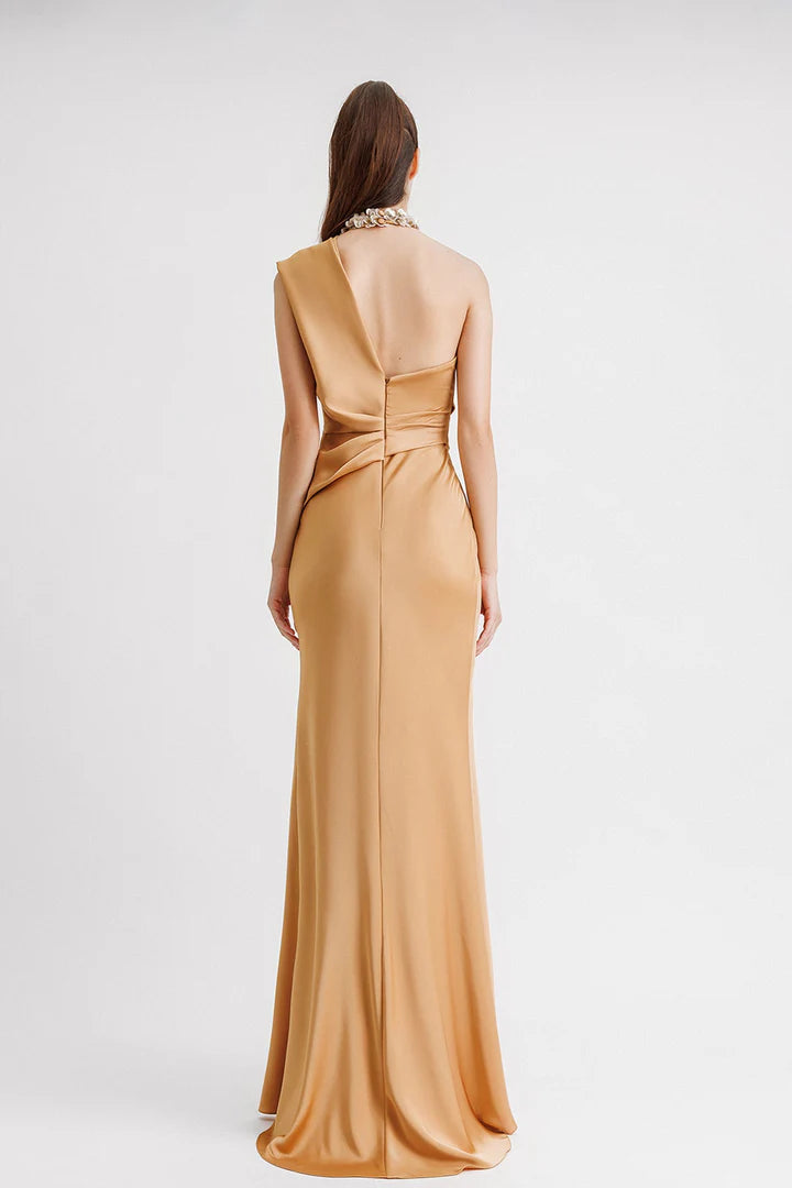 Vestido de noche ajustado/estilo columna, elegante, formal, largo hasta el suelo, sin mangas, con un solo hombro, bolsillo, satén, calcomanía, vestidos de noche.