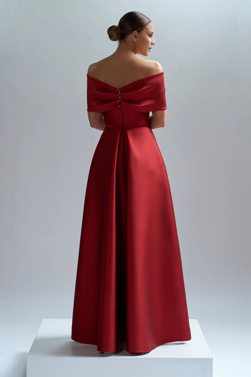 Red Satin Off-the-Shoulder A-Line High-Low Evening Dress with Large Bow