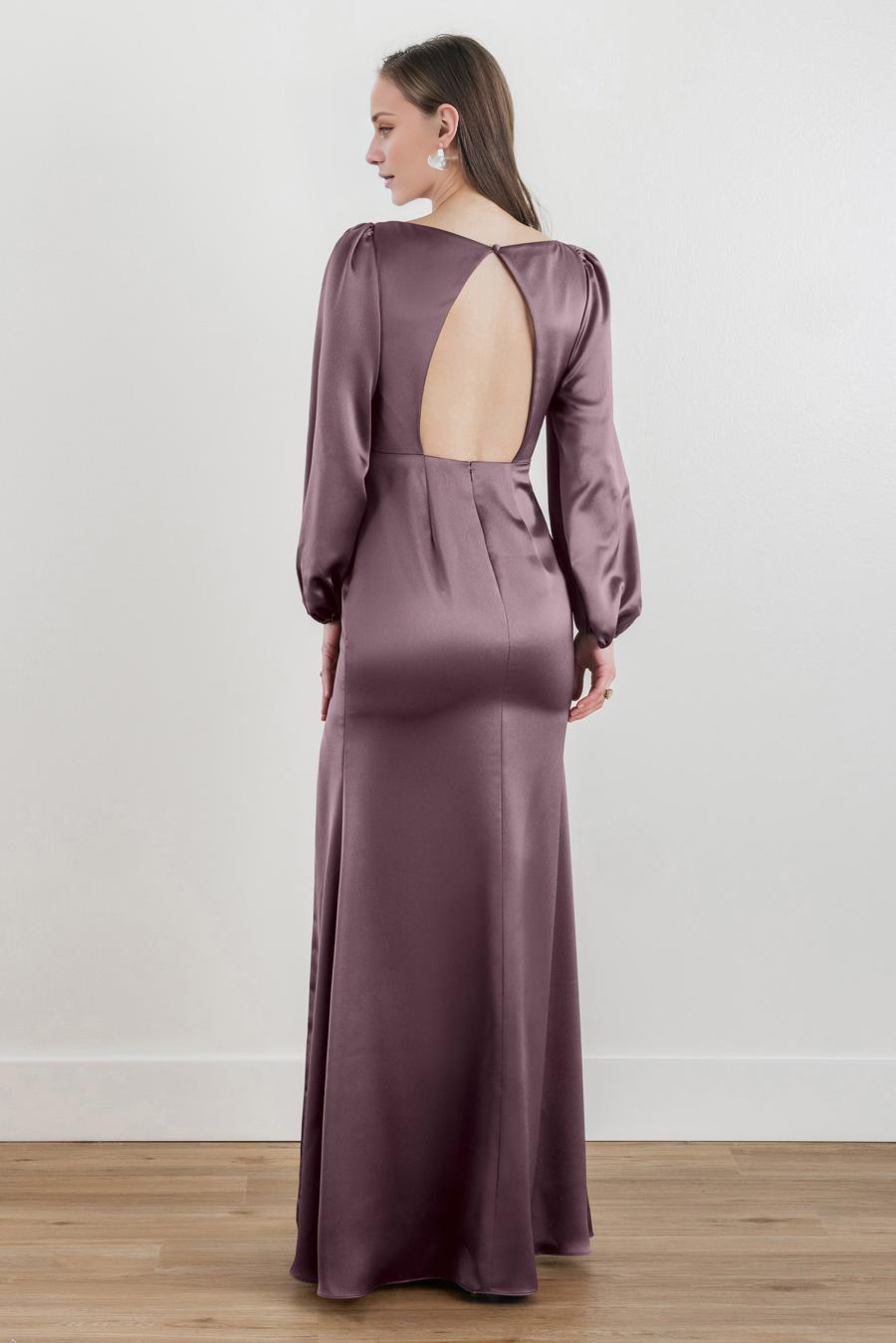 Vestido de noche Jimiss con escote en V, manga larga, espalda descubierta, abertura lateral y largo hasta el suelo