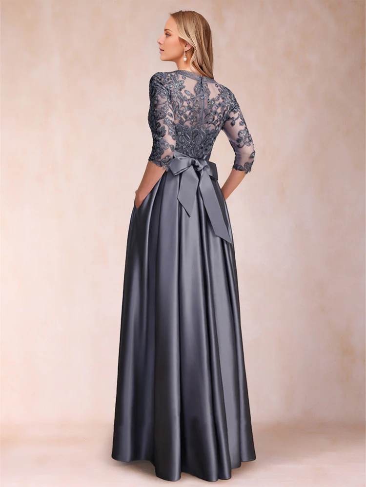 Grey Lace & Satin A-Line Floor-Length Bridesmaid Dress | Boat Neck, Pleated Skirt
