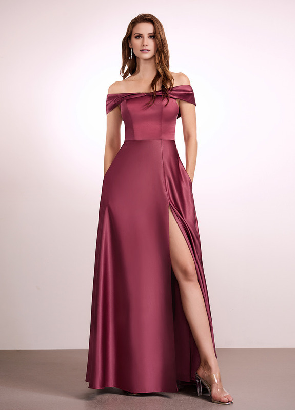 Abito da damigella d'onore in raso, a trapezio, con spalle scoperte e lunghezza al pavimento