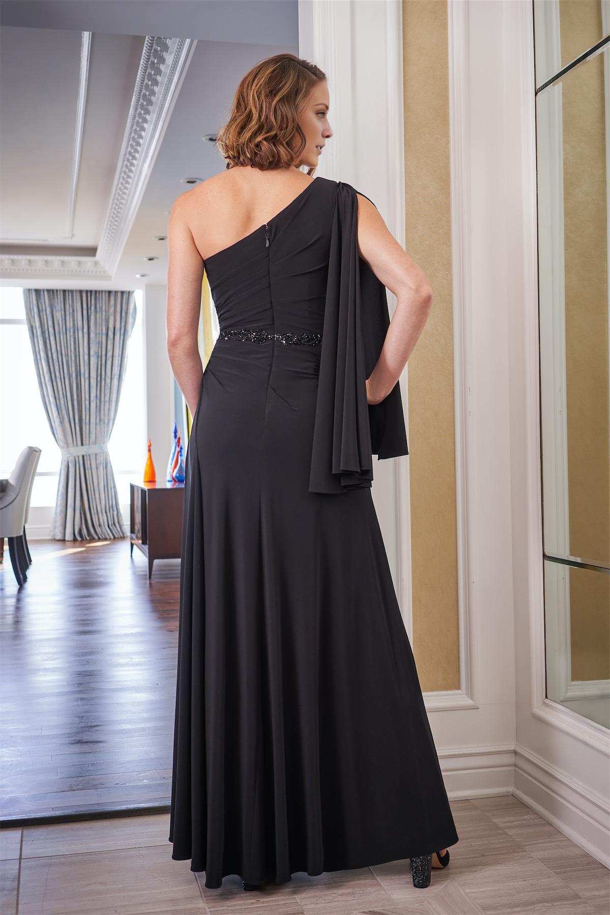 Single shoulder flowing long sleeved handmade beaded mother of the bride dress