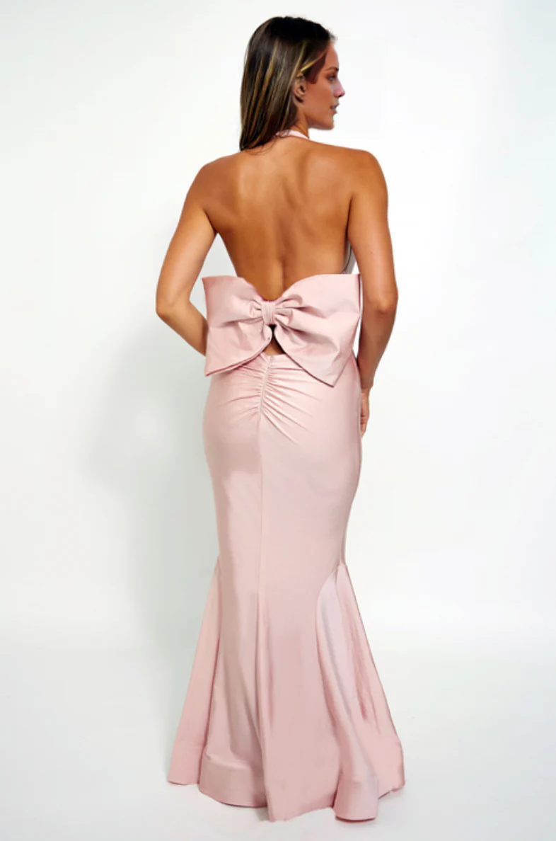 Vestido de noche Jimiss con escote halter, hombros descubiertos, sin mangas, espalda descubierta y largo hasta el suelo