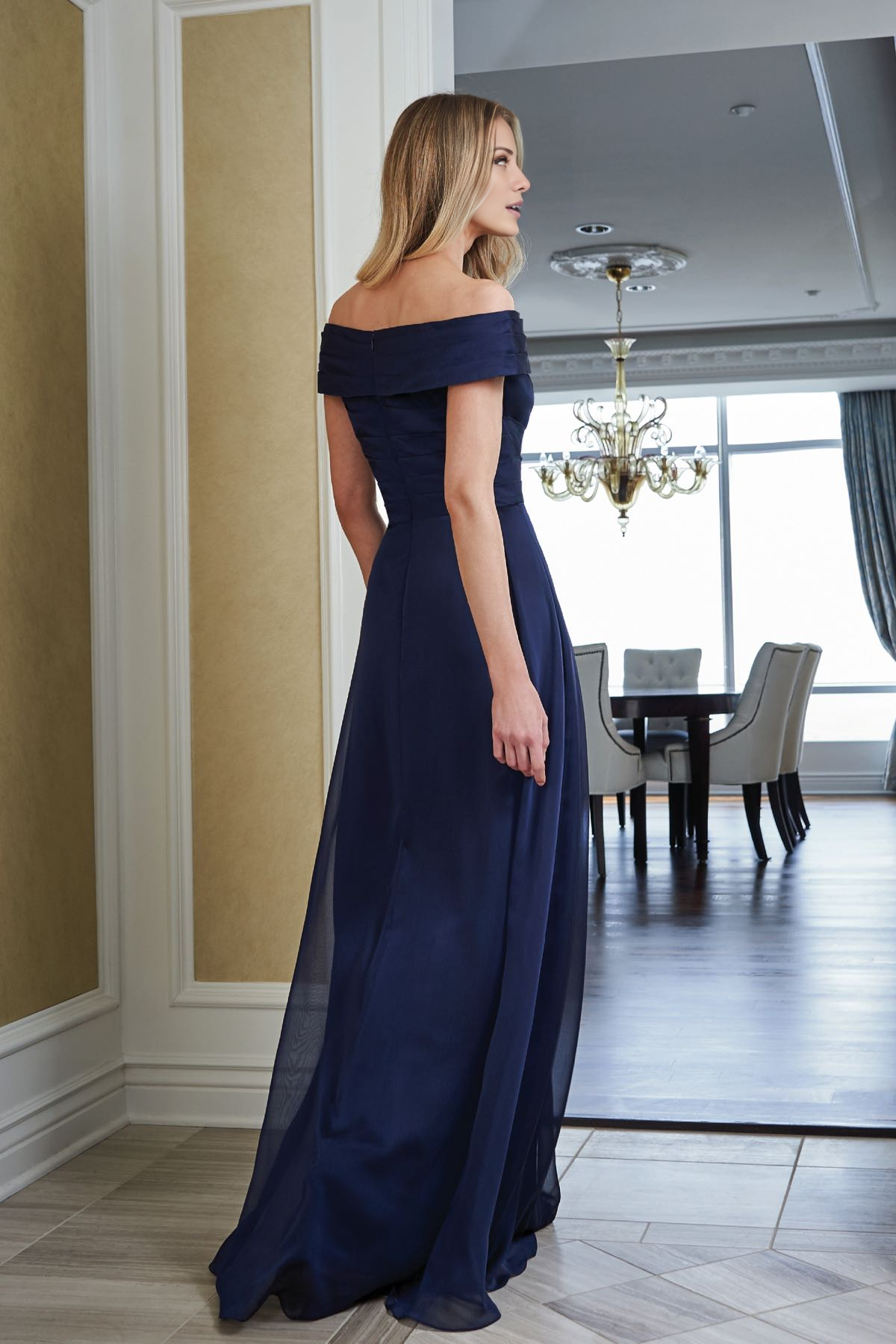 Dark Navy Chiffon Off-the-Shoulder A-Line Floor-Length Dress with Draped Bodice