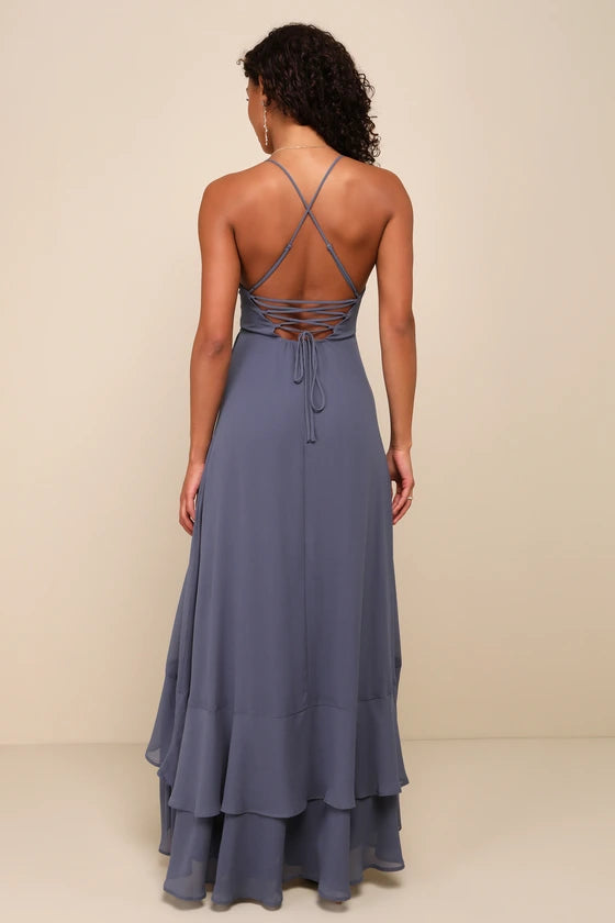 Vestido de noche Jimiss con escote en V, hombros descubiertos, sin mangas, espalda descubierta, abertura lateral y largo hasta el suelo