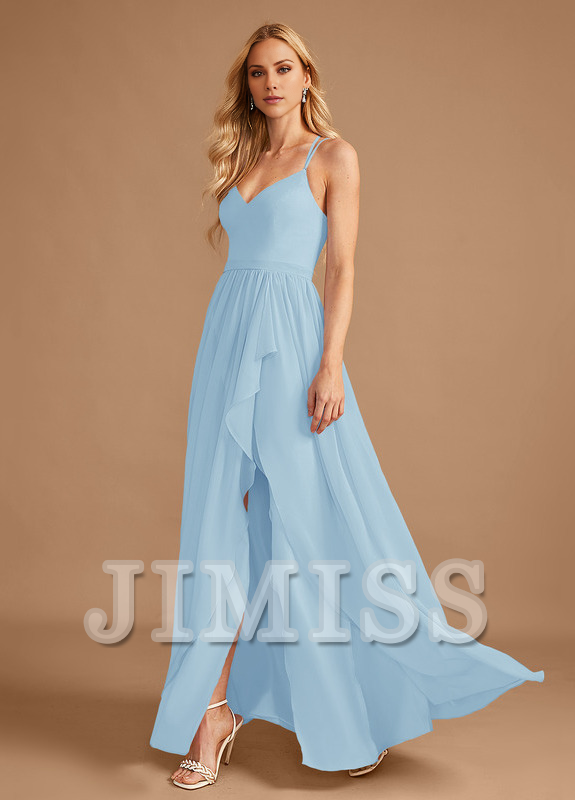 Vestido de dama de honor de gasa con volantes asimétricos y escote en V en forma de A