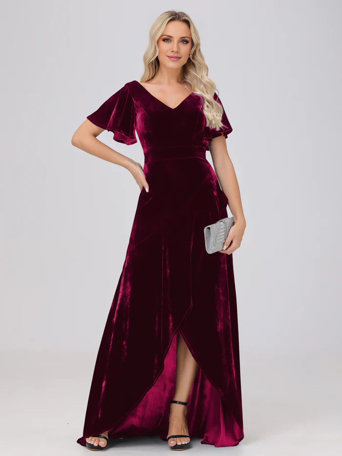 Vestido de dama de honor largo hasta el suelo, de terciopelo, con volantes y manga corta y escote en V