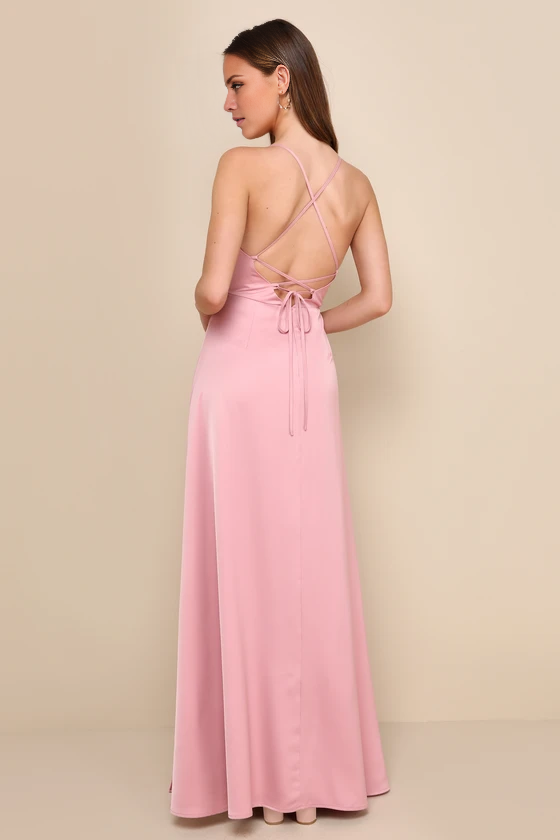 Pink Satin A-Line Cowl Neck Floor-Length Bridesmaid Dress with High Slit