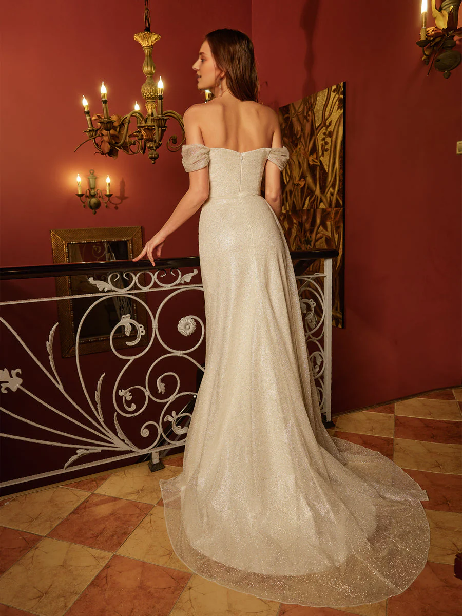 Shiny tight straight tube off shoulder slit long ball gown