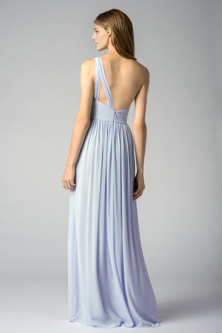 Vestido de noche Jimiss con cuello asimétrico, hombros descubiertos, sin mangas, espalda descubierta, plisado y largo hasta el suelo