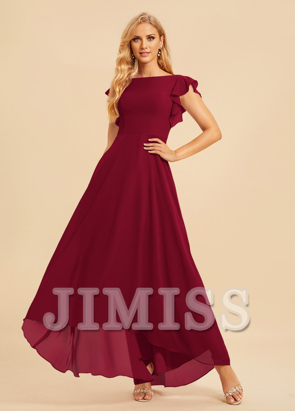 Vestido de dama de honor asimétrico de gasa con escote en A y volantes