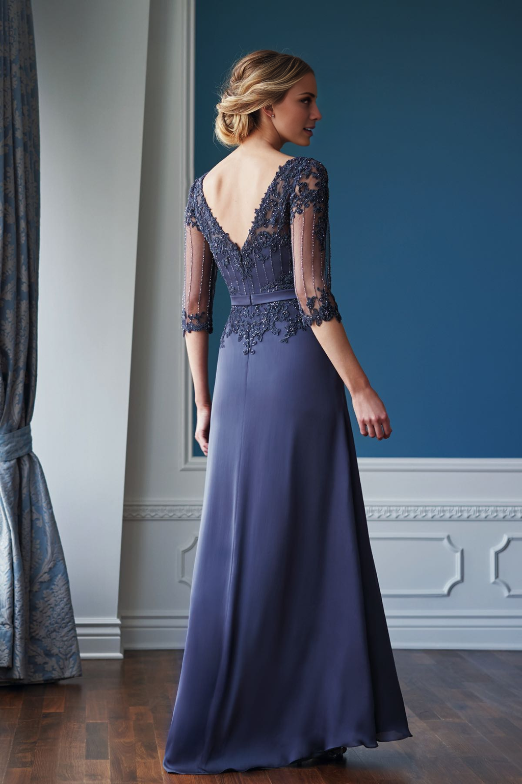 Dark Navy Chiffon Sheath/column Floor-Length Evening Dress with Illusion Bodice and Beaded Lace Appliques
