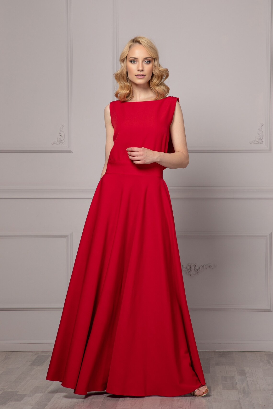 Jimiss - Vestido de fiesta sin mangas, espalda descubierta, cuello barco y largo hasta el suelo 