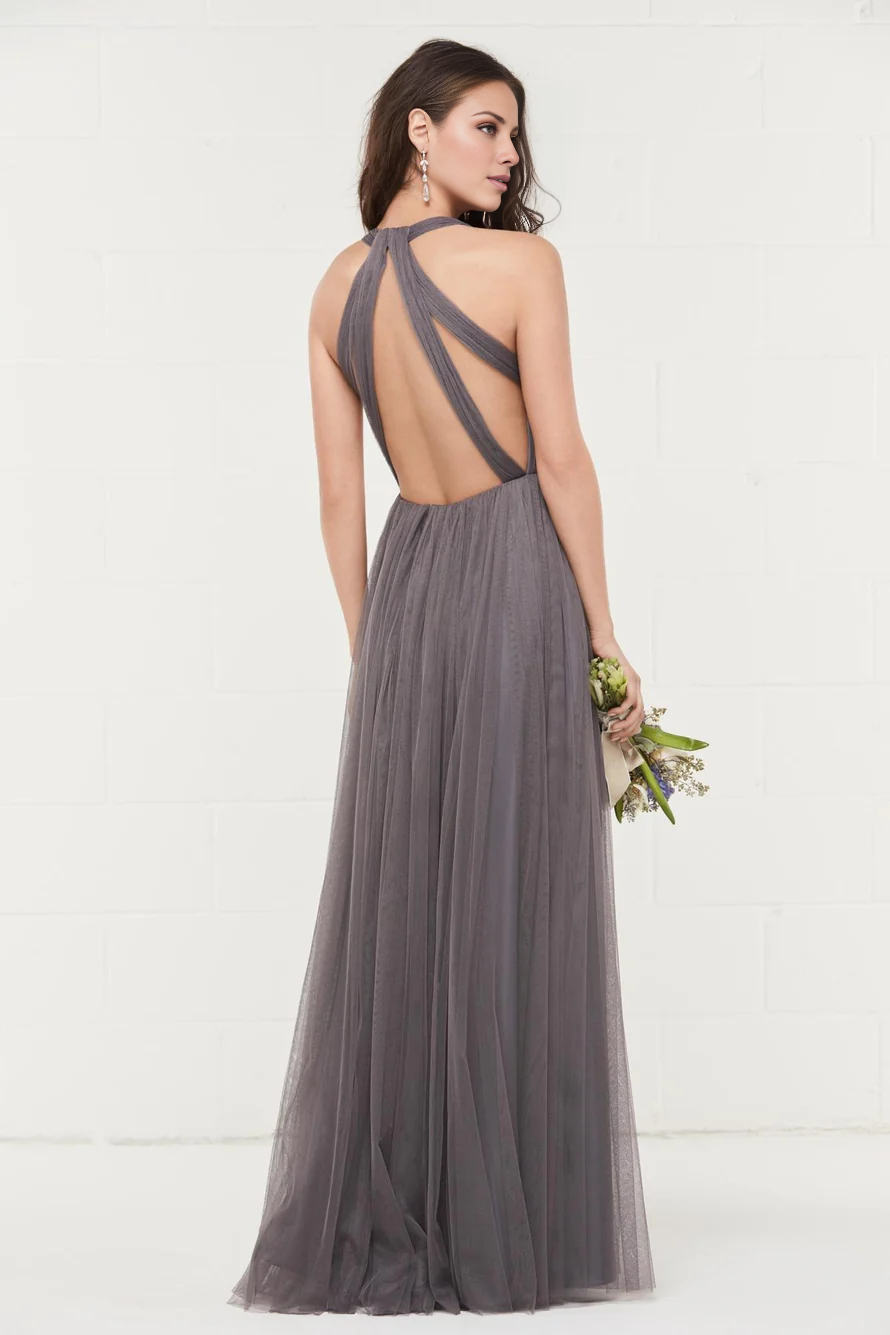 Vestido de fiesta Jimiss de gasa plisada, sin mangas, con cuello en V y hombros descubiertos, sin espalda y largo hasta el suelo