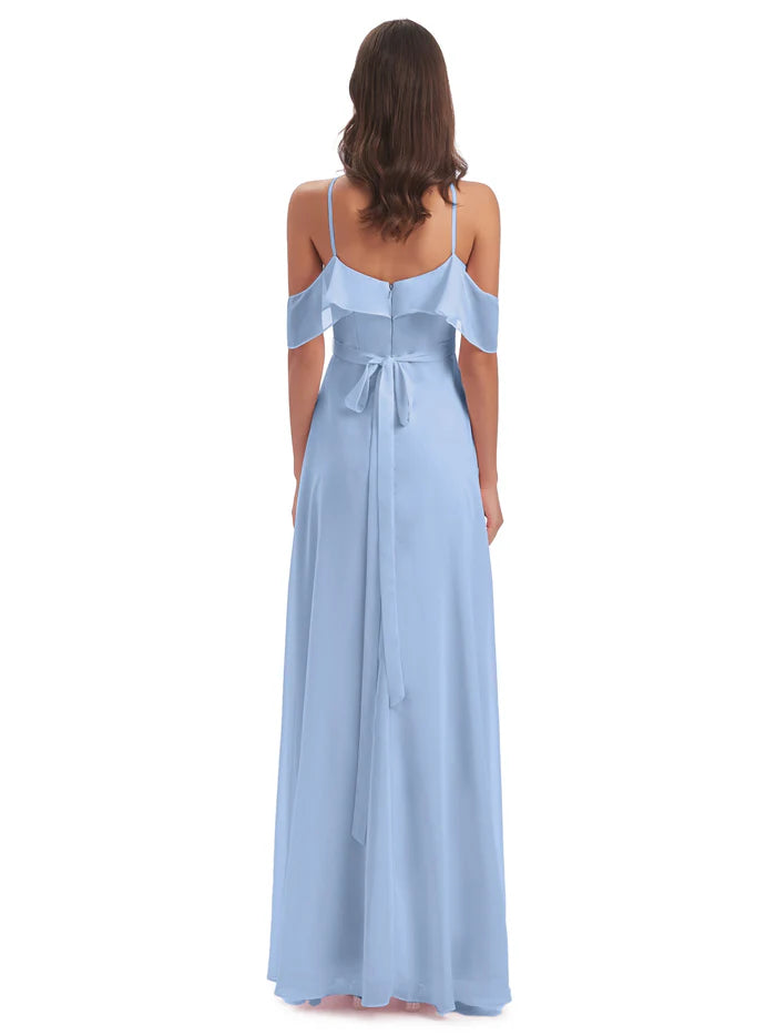 Tight off shoulder chiffon long and floor length bridesmaid dress