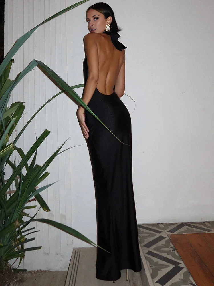 Vestido de fiesta Jimiss con escote en V profundo, cuello colgante, hombros descubiertos, sin mangas, espalda descubierta y largo hasta el suelo